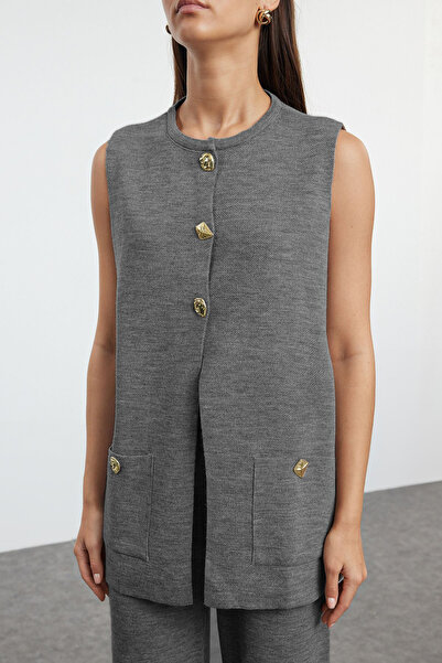 Trendyol Collection Anthracite Wide Fit Button Detailed Vest-Pants Knitwear Top and Bottom Set Twoaw25Au00084