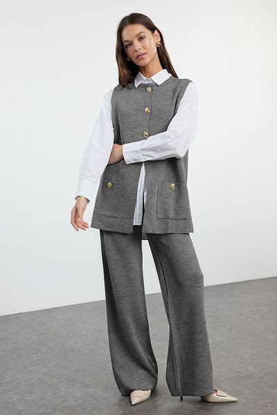 Trendyol Collection Anthracite Wide Fit Button Detailed Vest-Pants Knitwear Top and Bottom Set Twoaw25Au00084