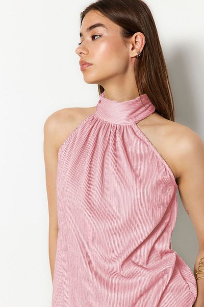 Trendyol Collection Ροζ όρθιος γιακάς κανονική εφαρμογή πλισέ πλεκτή μπλούζα TWOSS23BZ00952