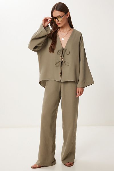 Happiness İstanbul Women's Khaki Lacing Detailed Muslin Bottom-Top Set Bv00171