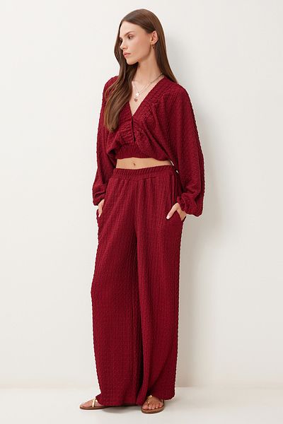 Happiness İstanbul Women's Burgundy Textured Blouse Pants Set Rv00214