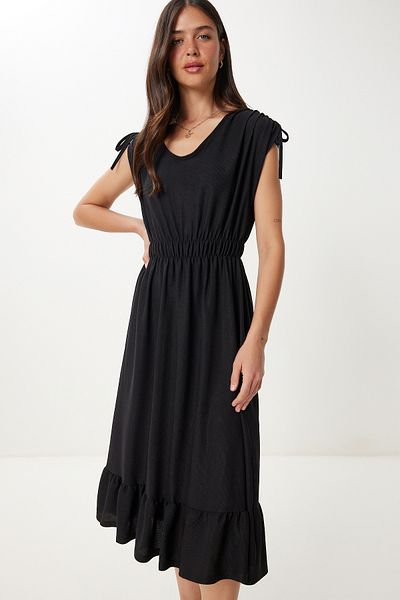 Happiness İstanbul Women's Black Flounced Summer Midi Crinkle Knitted Dress Zv00333