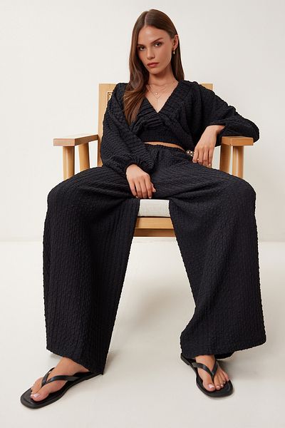Happiness İstanbul Women's Black Textured Blouse Pants Suit Rv00214