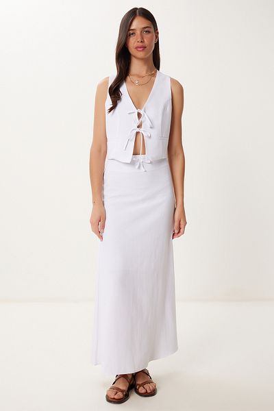 Happiness İstanbul Women's White Binding Detailed Linen Vest Skirt Suit Bv00144