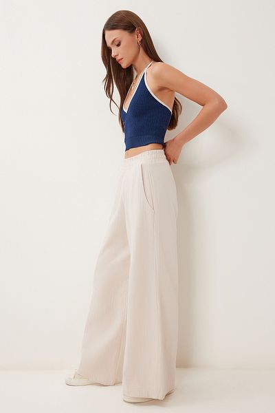 Happiness İstanbul Women's Cream Pocket Wide Leg Linen Trousers Bv00172