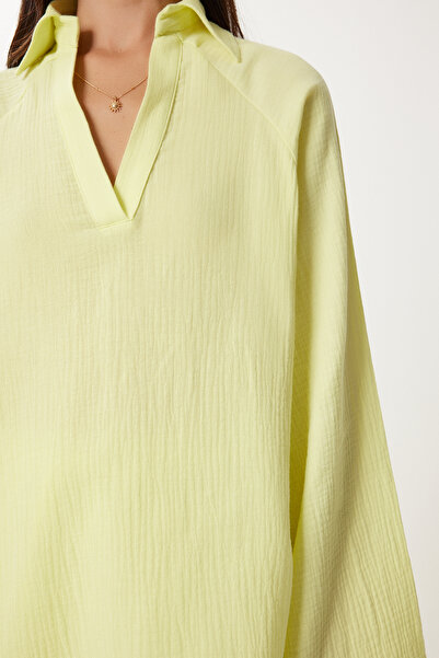 Happiness İstanbul Women's Yellow Muslin Blouse Pants Set Fn03470