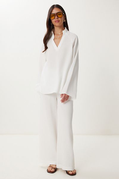 Happiness İstanbul Women's Ecru Muslin Blouse Trousers Set Fn03470