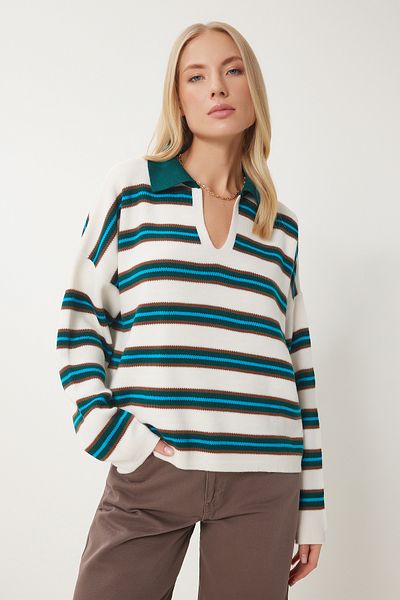 Happiness İstanbul Women's Cream Emerald Green Polo Neck Striped Knitwear Sweater Us00999
