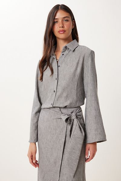 Happiness İstanbul Women's Gray Linen Shirt Skirt Suit Fn03475