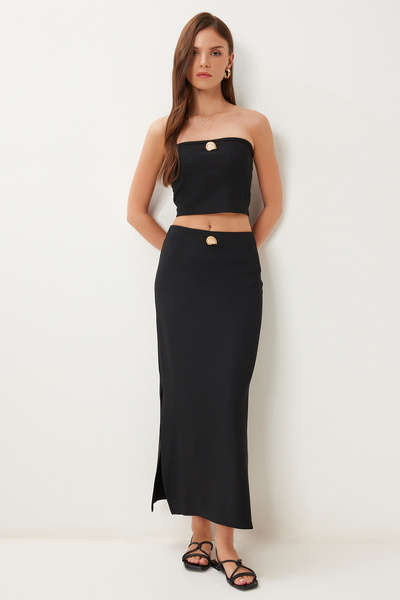 Happiness İstanbul Women's Black Gold Accessory Ribbed Flexible Knitted Blouse Skirt Set Pb00047