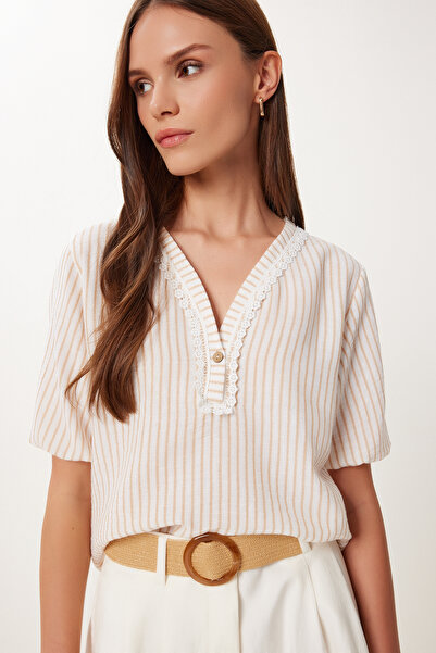 Happiness İstanbul Damen-Bluse aus Leinen mit Guipure-Knochenmuster TP00104