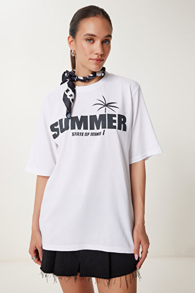 Happiness İstanbul Women's Ecru Printed Oversize Comfortable Knitted T-Shirt Us01001