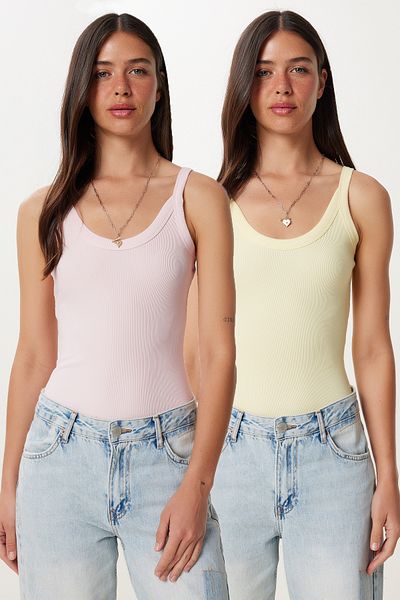 Happiness İstanbul Women's Pink Yellow 2 Pack Strap Ribbed Knitted Undershirt Pb00045