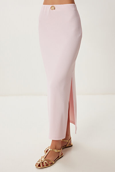 Happiness İstanbul Women's Candy Pink Gold Accessory Ribbed Flexible Knitted Blouse Skirt Set Pb00047