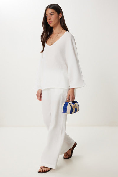 Happiness İstanbul Női Ecru Muslin blúz nadrág szett FN03473