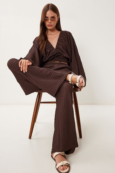 Happiness İstanbul Women's Brown Textured Blouse Pants Suit Rv00214