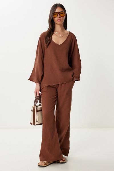 Happiness İstanbul Women's Brown Muslin Blouse Pants Set Fn03473