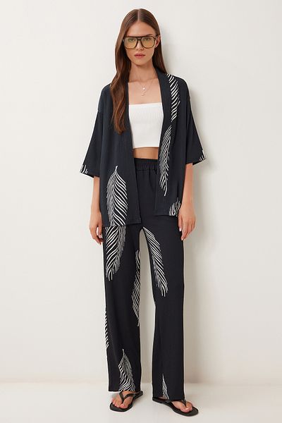 Happiness İstanbul Women's Black Bone Patterned Crinkle Knitted Kimono Pants Set İy00006