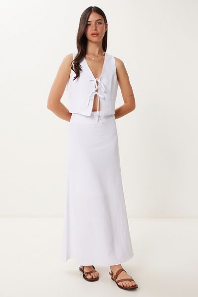 Happiness İstanbul Women's White Binding Detailed Linen Vest Skirt Suit Bv00144