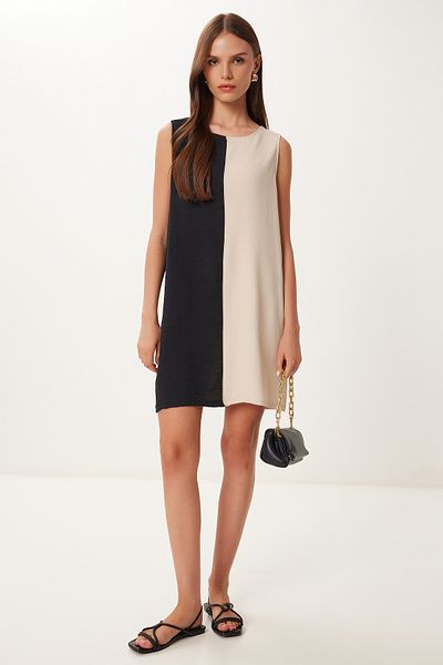 Happiness İstanbul Women's Black Cream Contrast Color Mini Woven Dress İy00001