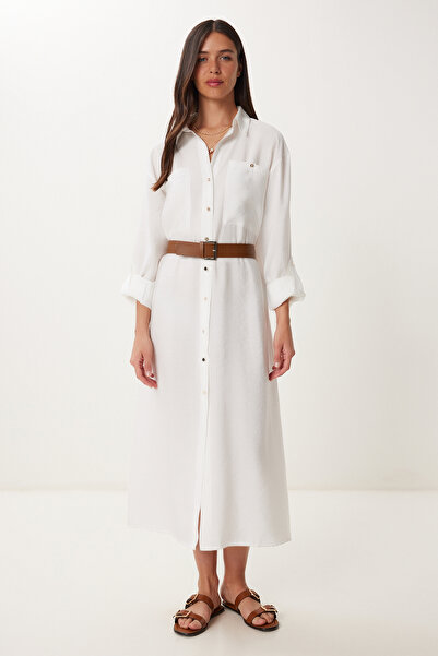 Happiness İstanbul Dámské Ecru páskové modální košilové šaty BV00168