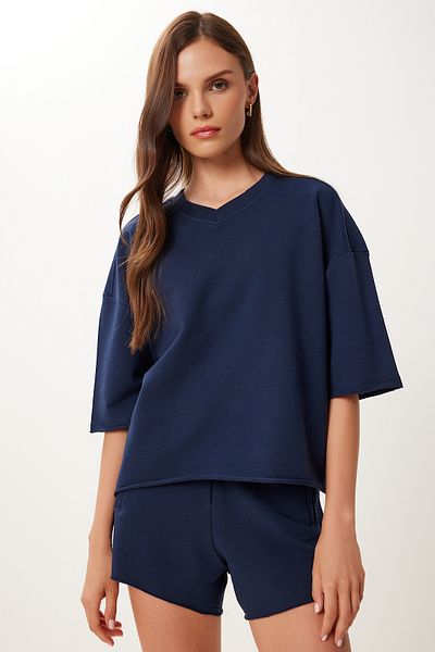 Happiness İstanbul Women's Navy Blue Comfortable Stretchy Knitted Bottom-Top Set Ub00402