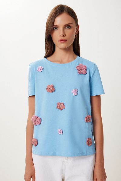 Happiness İstanbul Tricou de damă din bumbac elastic tricotat cu accesorii florale albastre VW00007