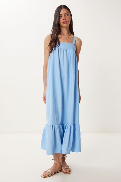 Happiness İstanbul Rochie de vară cu volan cu bretele albastre pentru femei BV00154