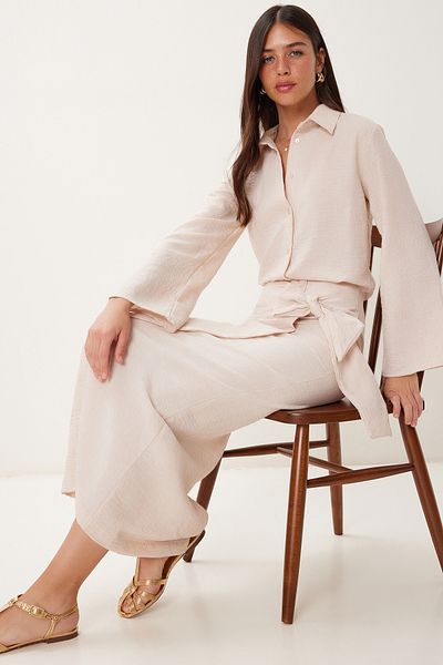 Happiness İstanbul Women's Cream Linen Shirt Skirt Suit Fn03475