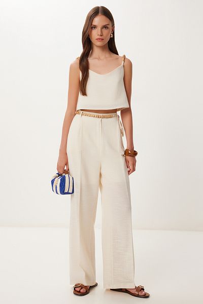 Happiness İstanbul Women's Cream Bead Detail Linen Blouse Pants Suit Bv00170
