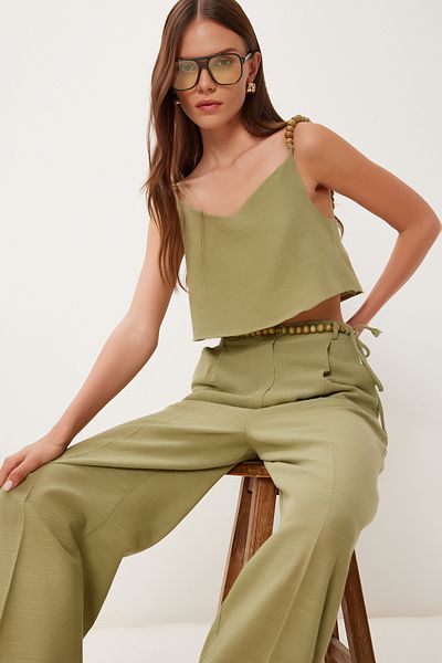 Happiness İstanbul Women's Khaki Bead Detailed Linen Blouse Pants Suit Bv00170