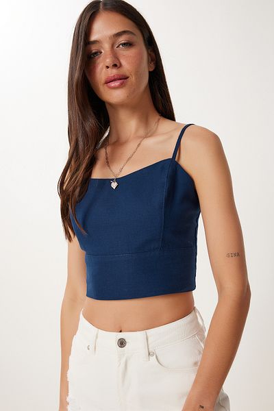 Happiness İstanbul Women's Navy Blue Strap Crop Linen Blouse Mx00219