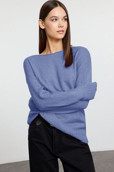 Trendyol Collection Indigo Wool Boat Neck Basic Knitwear Sweater Twoaw25Kz00010