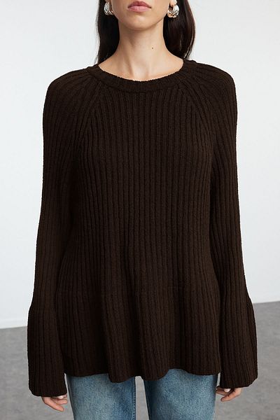 Trendyol Collection Кафяв, плетен пуловер с широк деколте и детайли от памук More Sustainable TWOAW25KZ00305