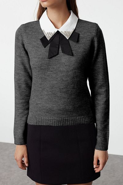 Trendyol Collection Anthracite Soft Textured Shirt Garnish Ribbon/Bow Detail Stone Knitwear Sweater Twoaw25Kz00035