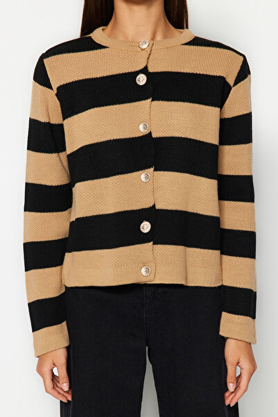 Trendyol Collection Camel Striped Basic Jacket Look Knitwear Cardigan Twoaw24Hi00091