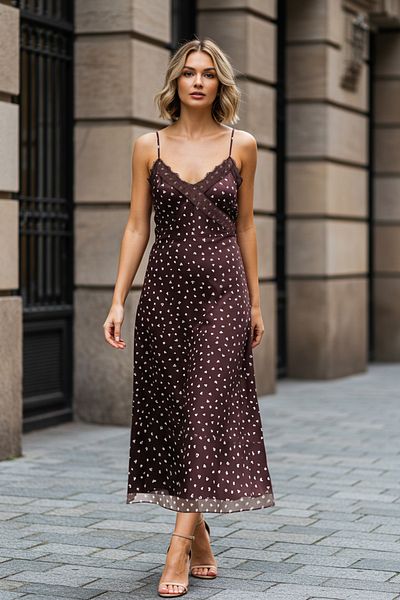 Trendyol Collection Кафява макси рокля с права кройка на точки и детайли от тъкана дантела TWOSS25EL00711