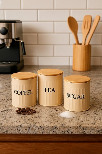 hemlife 3-Piece Wooden Lid Metal Storage Box Tea Coffee Sugar Jar Storage Container Cream