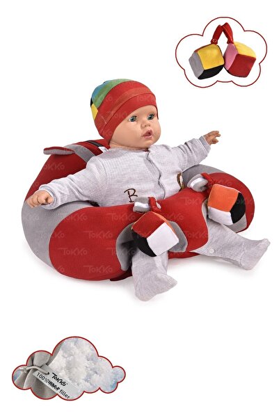 TOKKO Red Gray Baby Sitting Cushion with Toys - Non-Tipping Baby Seat - Large Baby Seat