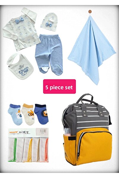 Avşar Baby 5-Piece Birth Set (Mother Baby Bag, Hospital Release Blanket, 10-Piece Wipes and 3-Piece Socks)