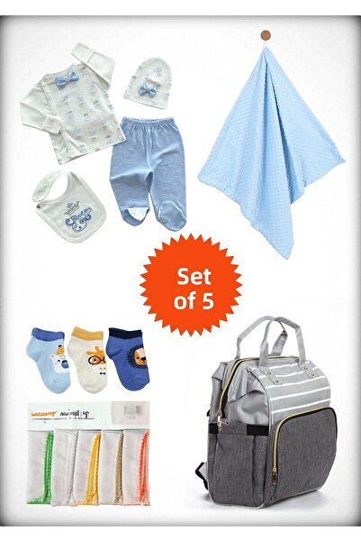 Avşar Baby 5-Piece Birth Set (Mother Baby Bag, Hospital Release Blanket, 10-Piece Wipes and 3-Piece Socks)