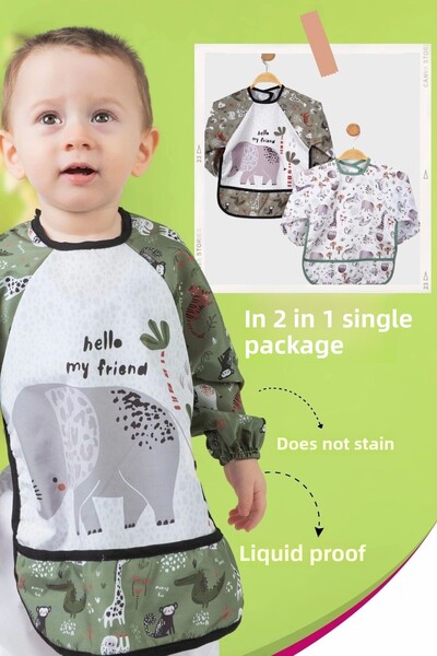 Babydonat طقم مكون من قطعتين من مريلة الأطفال بنمط فيل سفاري بأكمام مزدوجة