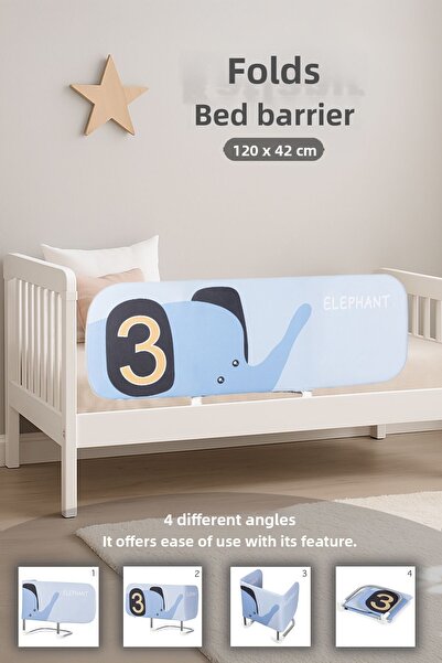 Meleni Baby 120X42 cm Folding Baby Bed Barrier - Elephant Figured Protection Safety Barrier Base Railing