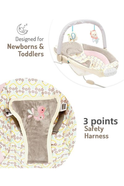 Fab N Funky Multicolour Baby Bouncer with Vibration, Rattle Toy Bar, and 3-Point Harness - 0M+