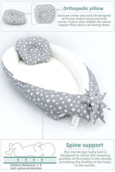 mordesign Babynest Orthopedic Baby Bed, Mother's Side Baby Bed, Ergonomic Design, Stars Series, Gray