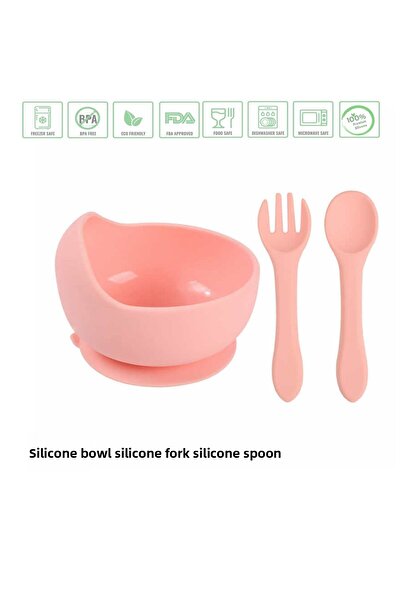 jojoturkiye وعاء طعام سيليكون وردي - قاعدة مفرغة وشوكة ملعقة