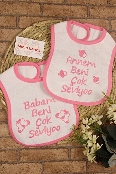 Murat Baby My Mom/Dad Loves Me Very Much Girl Figure Printed Pink Baby Bib 6006