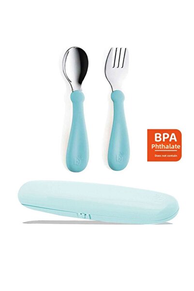Babyjem Green Stainless Steel Fork Spoon Set - Blue Storage Container