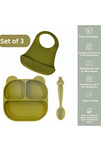 PONÇİK BEBEK طقم طعام سيليكون 3 قطع - طقم تغذية، طبق مفرغ وملعقة