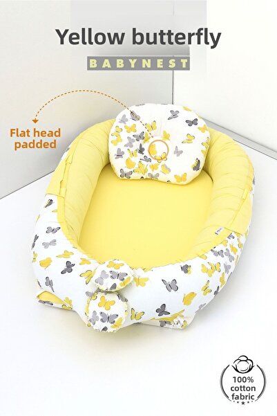 Umaybebek Babynest, Baby Sleeping Bed 0-2 Years - Cotton Fabric - Yellow Butterfly